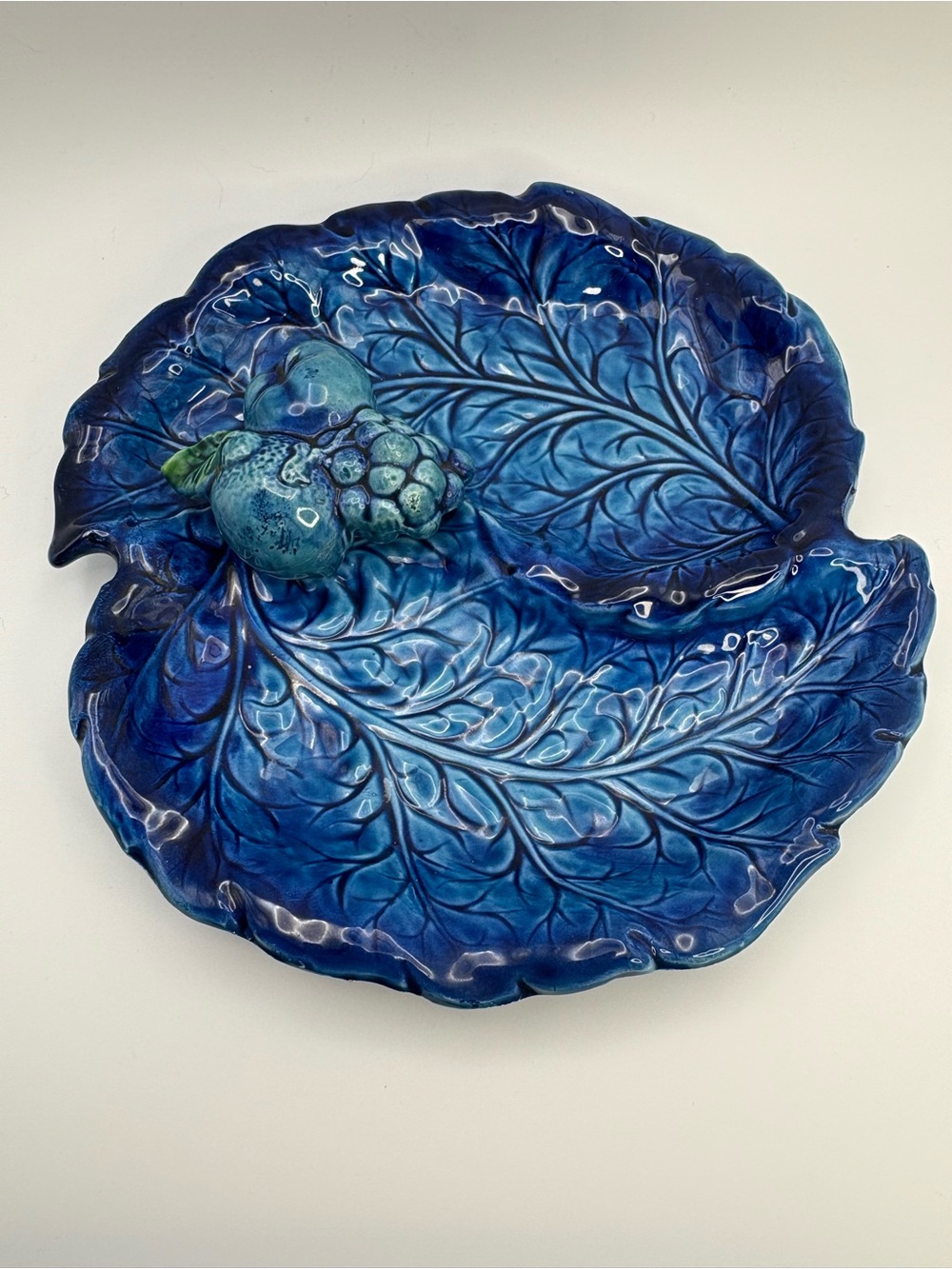 Vintage INARCO Mood Indigo Blue Divided Dish Embossed Fruit MCM Era Japan 7.75”